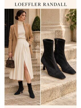 Loeffler Randall Black Genuine Suede Sock Ankle Boots Kitten Heel Size 7B